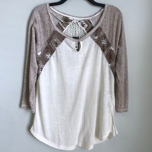 New Miss Me Ivory Beige Lace Trim Blouse